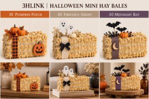 Halloween mini hay bales with pumpkin, ghost, and bat decoration concepts