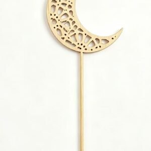 Wooden crescent moon decoration stake with intricate laser-cut openwork design