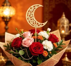 Close-up of the wooden crescent moon decoration with detailed cutout patterns