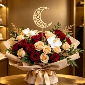 Wooden crescent moon stake for floral arrangements and decorative displays